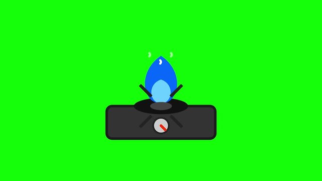 Flat vector illustration of a kitchen gas stove burner emitting a bright blue flame with a control dial, isolated on a solid green chroma key background for compositing.