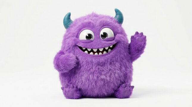 Friendly purple monster toy waving with a happy expression on a plain white background