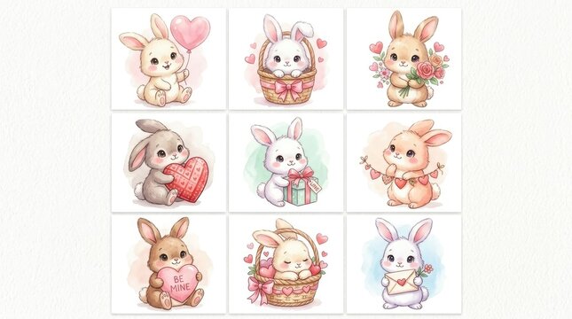 Watercolor bunny illustrations with floral elements arranged in a grid pattern on a white background