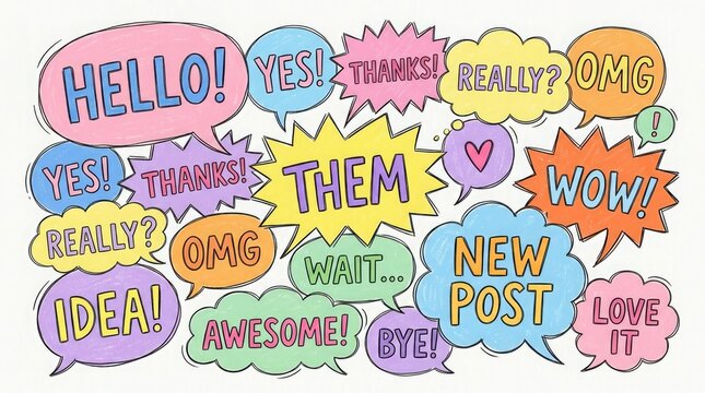 Collection of colorful hand drawn comic book speech bubbles with various action words inside