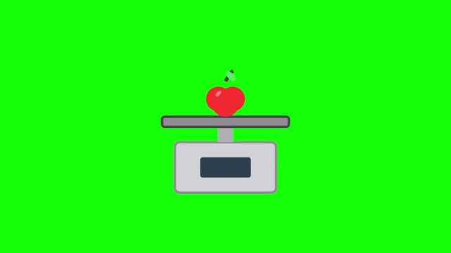 Minimalist vector illustration of a red apple being weighed on a grey digital kitchen scale against a solid green screen background, concept of healthy diet and nutrition.
