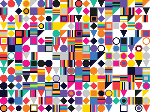 Abstract geometric pattern with colorful shapes and stripes creates vibrant design background for creative digital art projects.