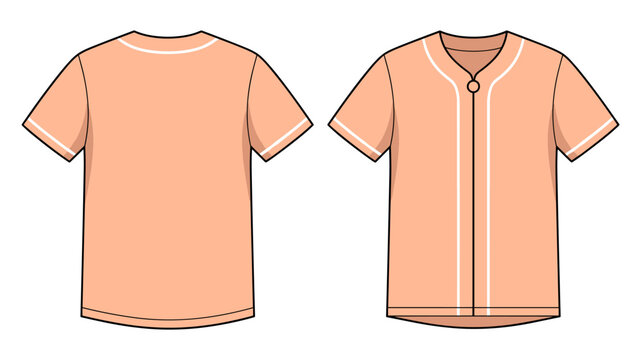 Peach baseball jersey shortsleeve shirt (baseball uniform shirt) front and back view template vector illustration