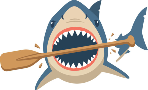 Shark bite breaking wooden paddle in half with sharp teeth in vector illustration