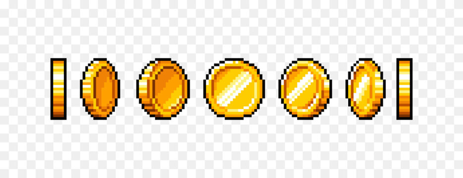Gold Coin Pixel Art Sprite Sheet with Spinning Animation Frames