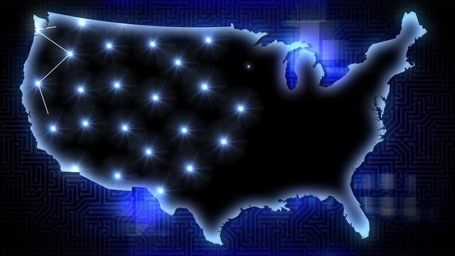 Animated USA map with glowing digital network connections over a circuit board background representing AI data centers and technology infrastructure. 15367  