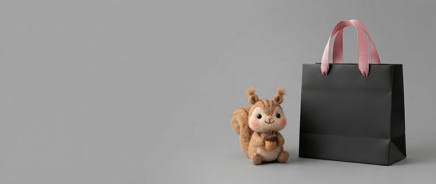 Cute felted squirrel toy with acorn next to black paper shopping bag with pink ribbon handles on grey background. Gift and shopping concept. Copy space for product advertising and store promotion