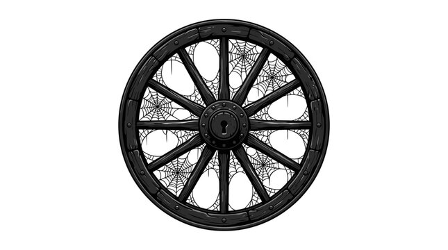 Vintage Antique Wooden Wagon Wheel with Spider Webs and Keyhole Illustration
