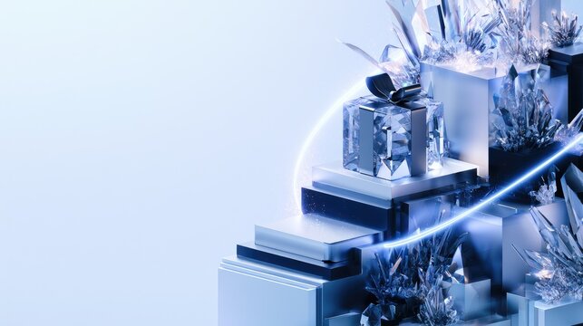 A glass present box atop stacked metallic cubes with bright glowing light trails