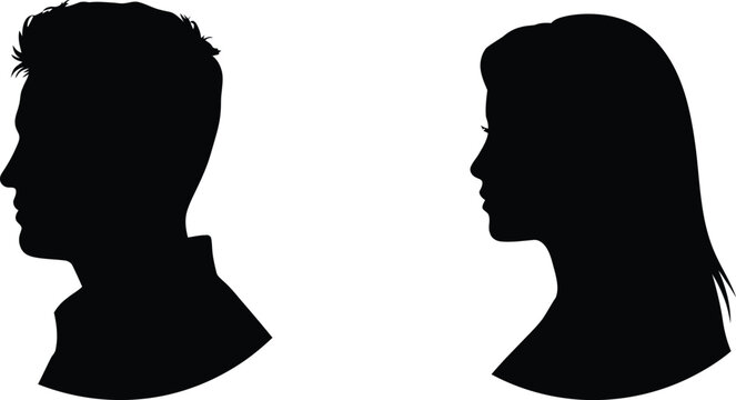 Black silhouette profiles of a man and a woman facing each other, side view head portraits of a male and female character, isolated on a white background