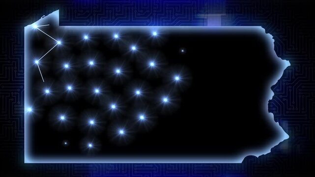 Animated Pennsylvania map with glowing digital network connections over a circuit board background representing AI data centers and technology infrastructure. 15370  