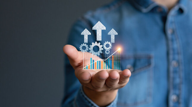 Growth and business development with digital hologram technology showing strategy progress innovation and finance