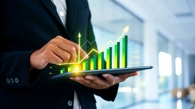 Businessman using tablet to analyze financial growth chart, illustrating business success and investment strategy in the stock market