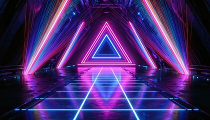 Fototapeta premium A futuristic tunnel featuring a neon glowing triangle portal with light beams
