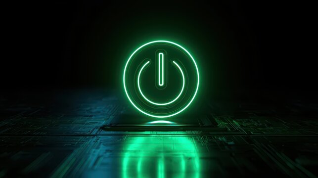 Emerald activation symbol with neon glow on dark futuristic backdrop