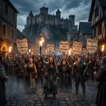 Medieval protest against tyranny villagers with torches and banners demanding rights and freedom