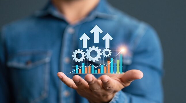Business professional holding virtual gears and growth charts for corporate strategy success and financial progress