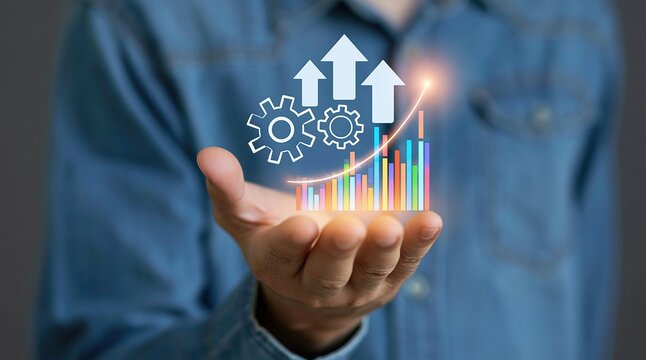 Business professional holding digital growth charts and mechanical gears for innovation strategy and data analytics
