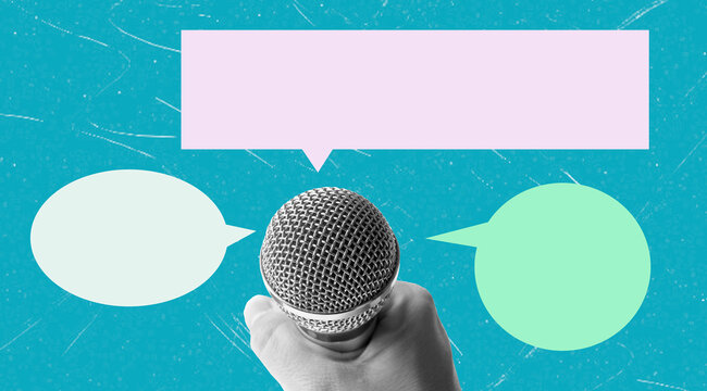 Art collage featuring a microphone with speech bubbles in a bright color background
