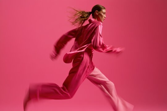Energetic pink fashion run: stylish young woman sprinting on a solid pink backdrop