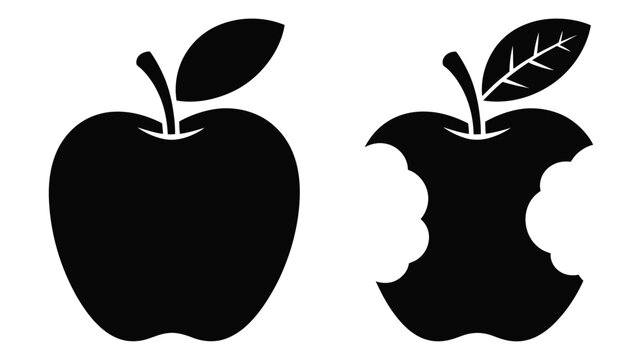 Minimalist black vector icon set showing a whole red apple and a bitten apple core symbol for healthy food design
