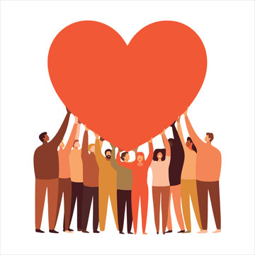 Diverse group of people holding a large red heart symbolizing love and unity