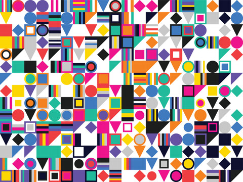 Colorful mosaic tile pattern featuring assorted geometric forms like rectangles and crosses for vibrant artistic backdrops.