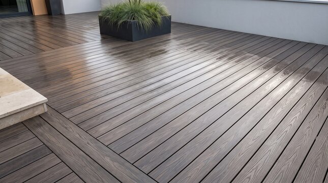 Wet composite deck patio with realistic wood grain, geometric board layout and modern planter, premium post-rain landscape architecture photography with copy space