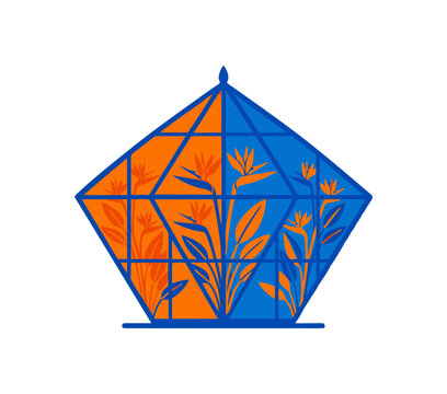 Stylized graphic illustration of a pentagonal greenhouse containing bird of paradise flowers.