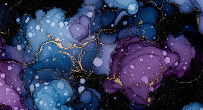 Mesmerizing Abstract Ink Art with Vibrant Cosmic Blues, Purples, and Golden Accents, Evoking a Dynamic Galactic Nebula Texture on a Dark Canvas