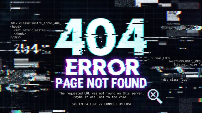 A distorted 404 error page displays the number 404 prominently over a chaotic digital background. The text "ERROR" and "PAGE NOT FOUND" are overlaid, accompanied by a warning symbol.
