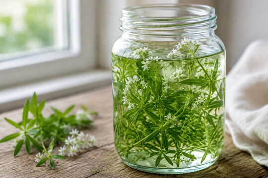 Fresh sprigs of sweet woodruff submerged in clear liquid in a jar.