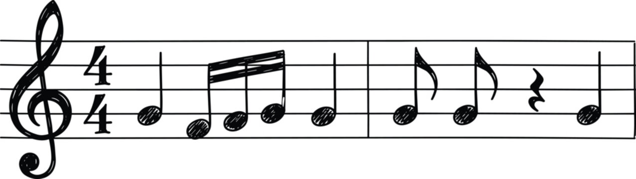 Hand drawn sketch style musical notation with treble clef time signature and notes on a staff isolated on white background vector