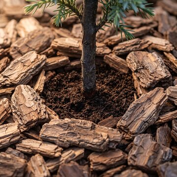 Wood chip mulch around young ornamental tree with visible soil ring, close-up garden care concept showing proper mulching and moisture retention