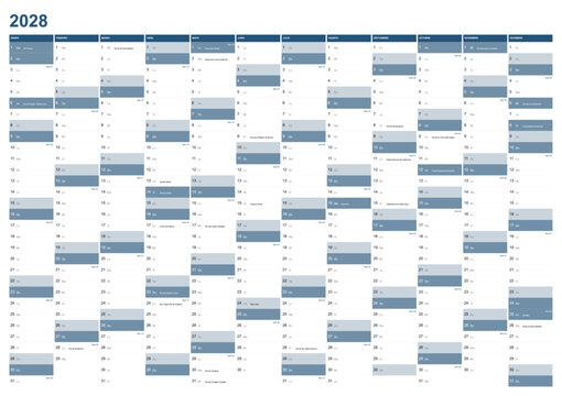 Calendar for the year 2028 with Spanish holidays in Spanish language. Wallplanner, span-a-year calendar