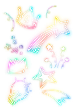 Glow rainbow neon doodle png illustration set