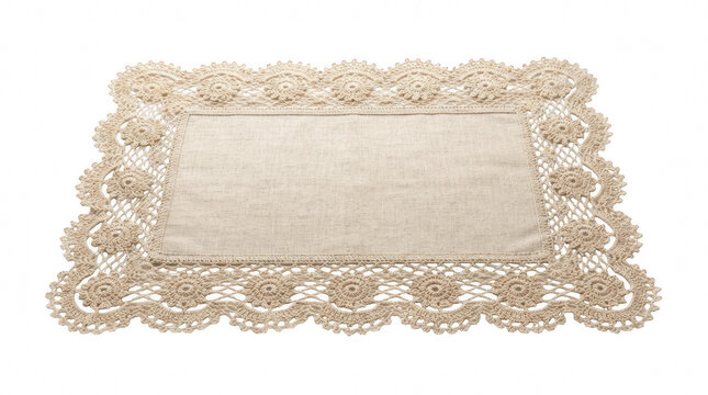 Lace placemat with floral border on a plain surface for table setting isolated on transparent background