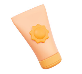 Fototapeta na wymiar Product skincare adventure sun protection isolated on transparent png background. Orange sunscreen icon package cosmetic beauty cartoon style. 3d render illustration