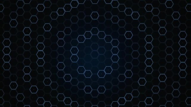 Abstract blue glowing hexagonal grid animation with concentric ring patterns