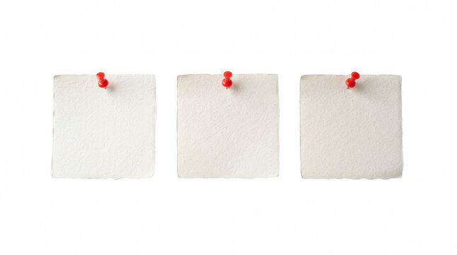 Three blank paper notes pinned against a clean backdrop for messages and reminders Isolated on transparent background