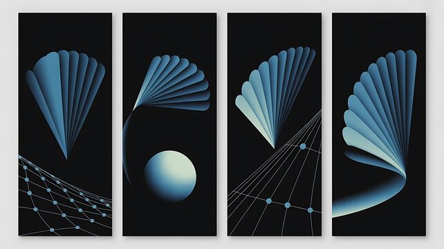 Stunning abstract minimalist four panel art print featuring elegant curved blue fan shapes and futuristic glowing geometric mesh grids on sleek dark black background.