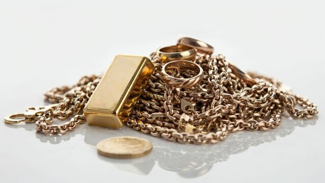 Pile of gold bullion, chains, and rings on a white background