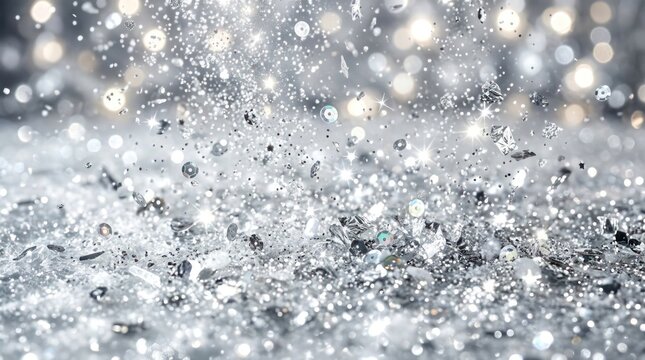 A cascade of shimmering diamonds and sparkling water droplets creates a dazzling, glittering effect on a reflective surface. The image evokes a sense of luxury, brilliance, and preciousness.