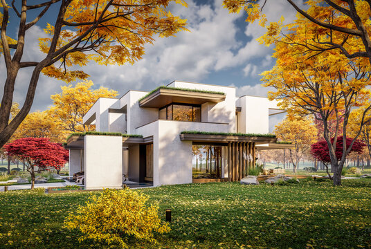 3d rendering of two-story house with parking and pool for sale or rent with concrete facade and beautiful landscaping on background. Clear sunny autumn day with golden leaves anywhere