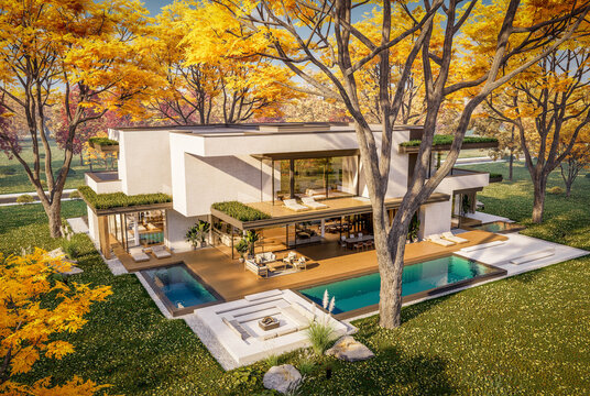 3d rendering of two-story house with parking and pool for sale or rent with concrete facade and beautiful landscaping on background. Clear sunny autumn day with golden leaves anywhere