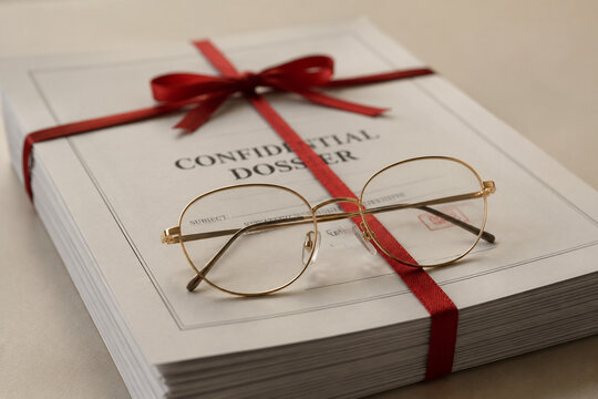 Gold-rimmed eyeglasses resting on a dossier tied with a red ribbon.