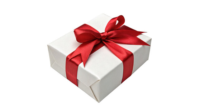 Elegant white gift box with bright red ribbon bow isolated on transparent background holiday celebration element