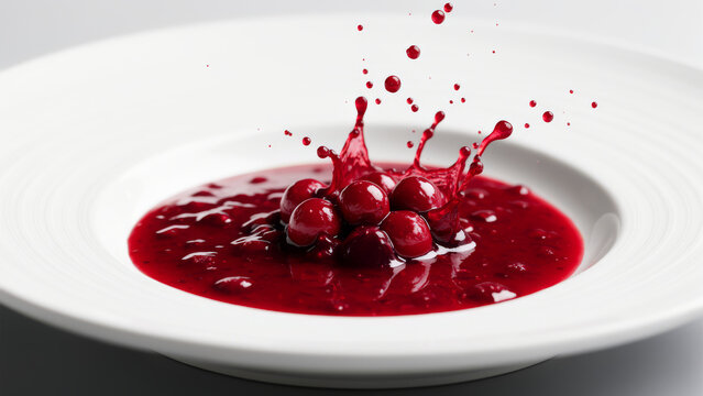 Vivid red berry sauce splashing into a smooth white cream surface captured in motion for an energetic dessert concept combining fresh fruit flavor contrast and culinary artistry