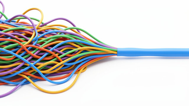 Tangled bundle of colorful cables merging into one smooth blue connection on white background symbolizing simplification integration organization and streamlined information flow