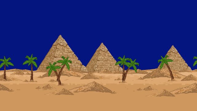 Pixel art style background animation of an old retro game featuring Egyptian pyramids and palm trees in the desert under a dark blue sky, egypt, vintage.